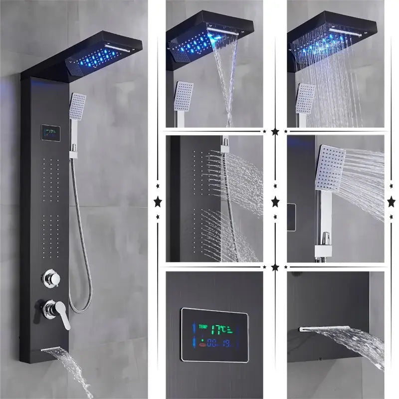 Black modern DecorBites led rainfall shower panel with temperature screen multiple spray settings and hand sprayer