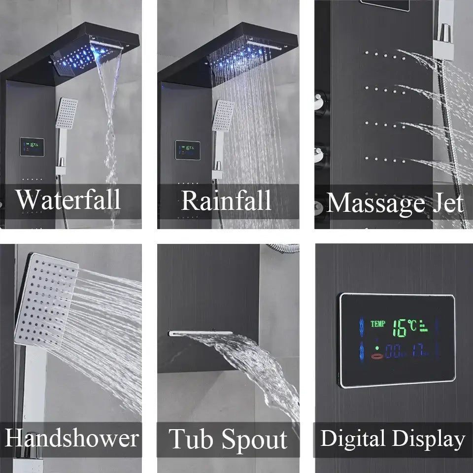 Black rectangular rainfall shower panel with blue led lighting and multiple spray patterns by DecorBites LED rainfall