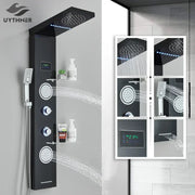 Black uythner shower panel with rainfall shower heads and digital temperature display for enhanced shower experience