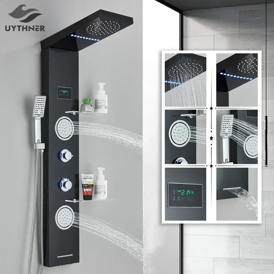Black uythner shower panel with rainfall shower heads and digital temperature display for enhanced shower experience
