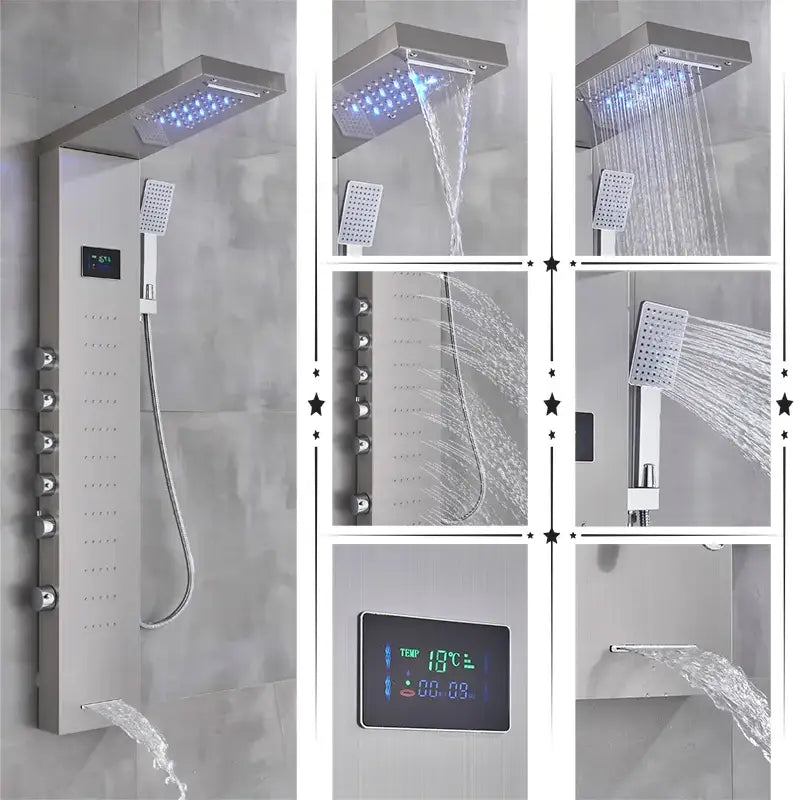 Modern chrome finished DecorBites led rainfall shower panel with rectangular rainhead handheld sprayer and temperature screen