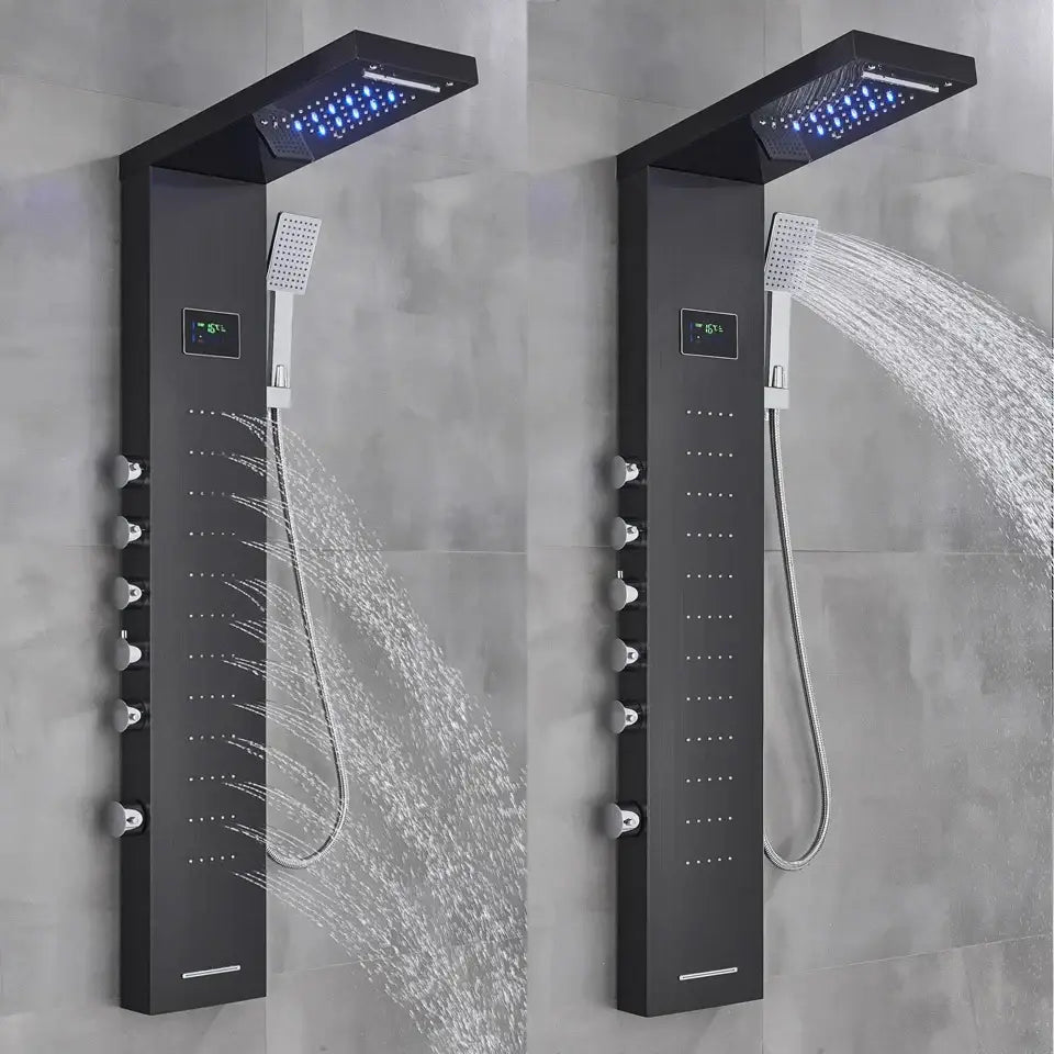 Black decorbites led rainfall shower panel with temperature screen hand sprayer and multiple spray settings