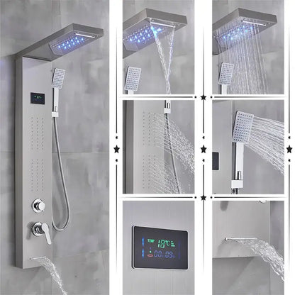 Modern chrome shower panel with rectangular rainfall shower head handheld spray and decorbites led rainfall temperature screen