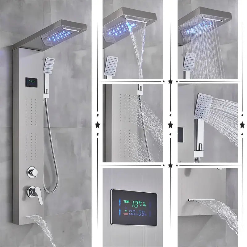 Modern chrome shower panel with rectangular rainfall shower head handheld spray and decorbites led rainfall temperature screen