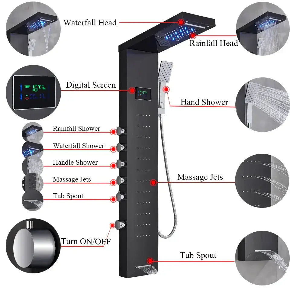 Black modern decorbites led rainfall shower panel with multiple spray heads and digital temperature display