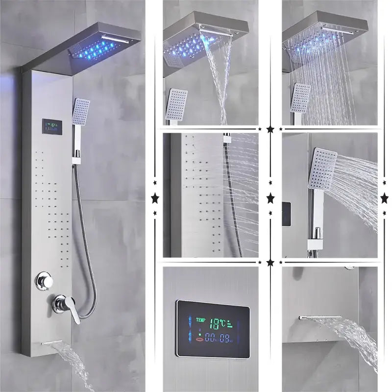 Modern brushed stainless steel decorbites led rainfall shower panel with rectangular rainhead handheld spray and temperature display