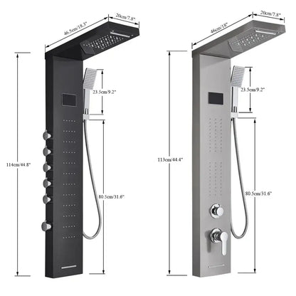 Modern black and brushed stainless steel DecorBites LED rainfall shower panel with rainhead handheld sprayer and controls