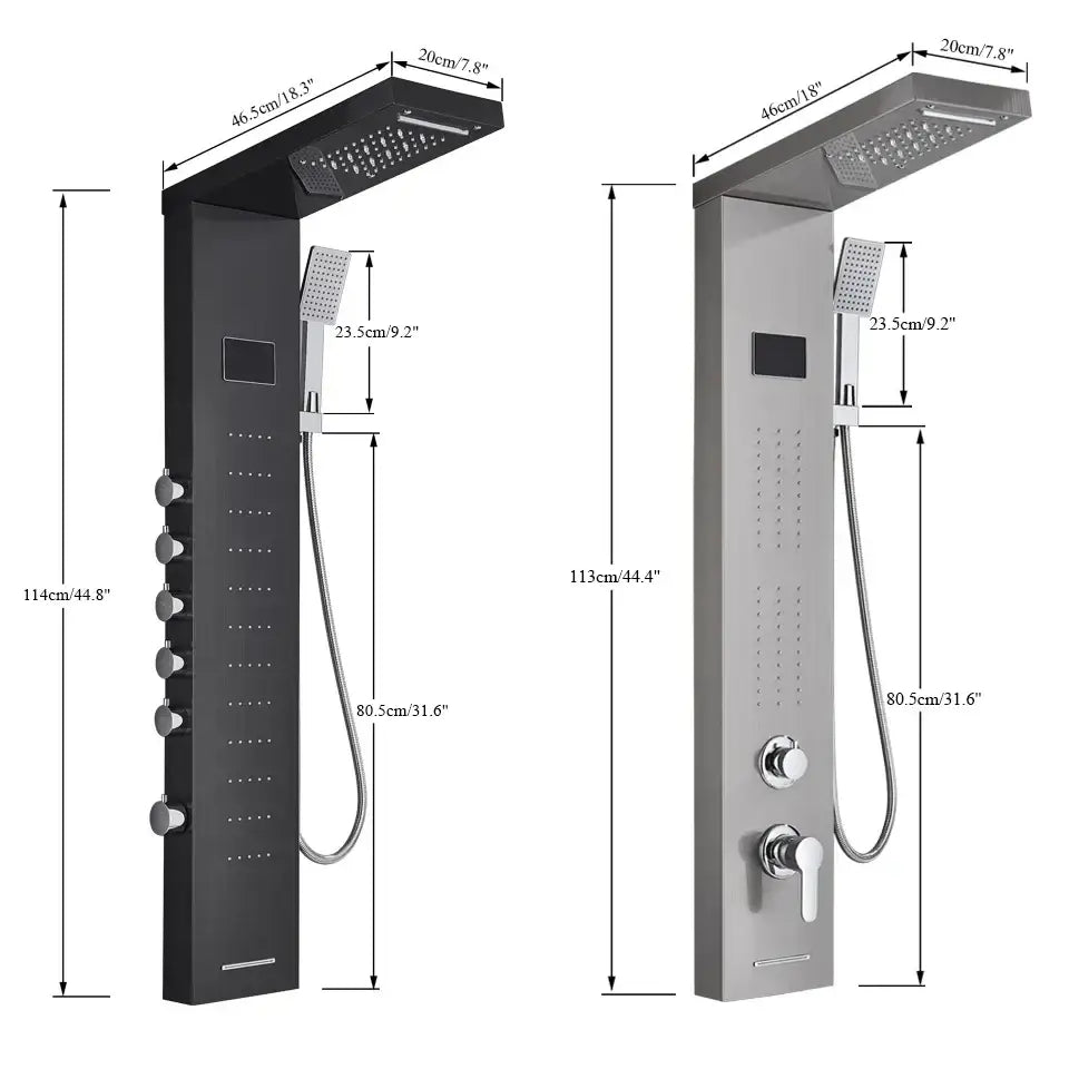 Modern black and brushed stainless steel DecorBites LED rainfall shower panel with rainhead handheld sprayer and controls