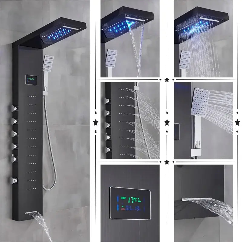 Black modern decorbites led rainfall shower panel with rectangular rainhead handheld sprays and digital temperature screen