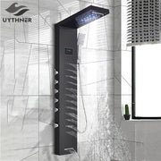 Black uythner decorbites led rainfall shower panel with multiple spray settings and digital temperature display