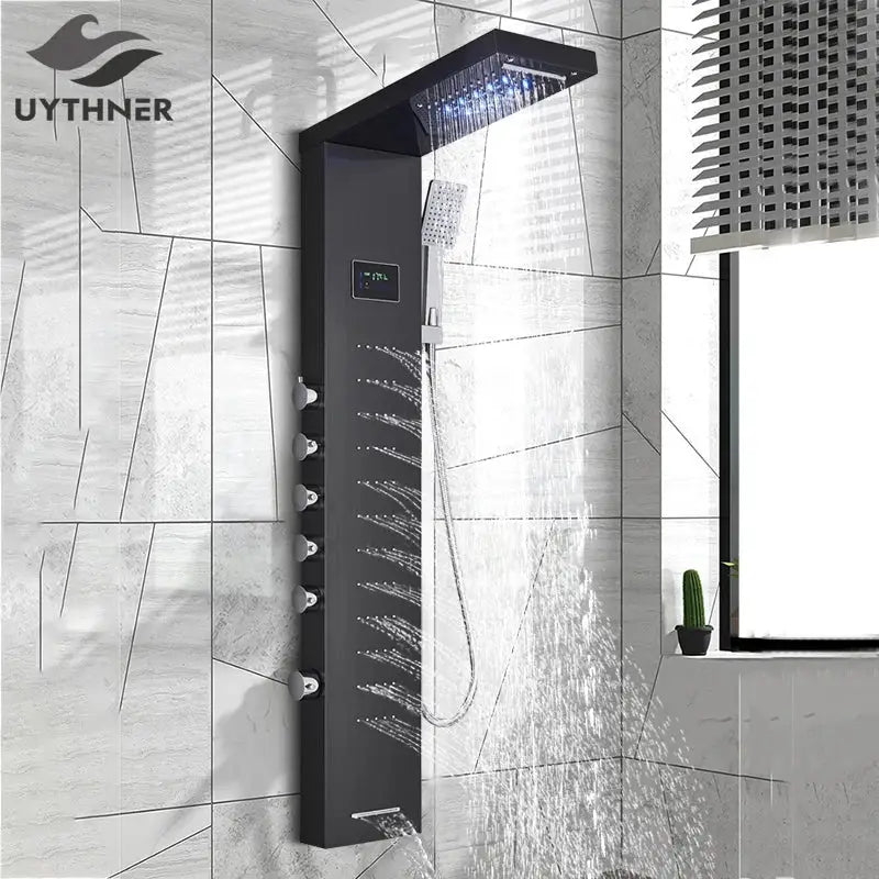 Black uythner decorbites led rainfall shower panel with multiple spray settings and digital temperature display