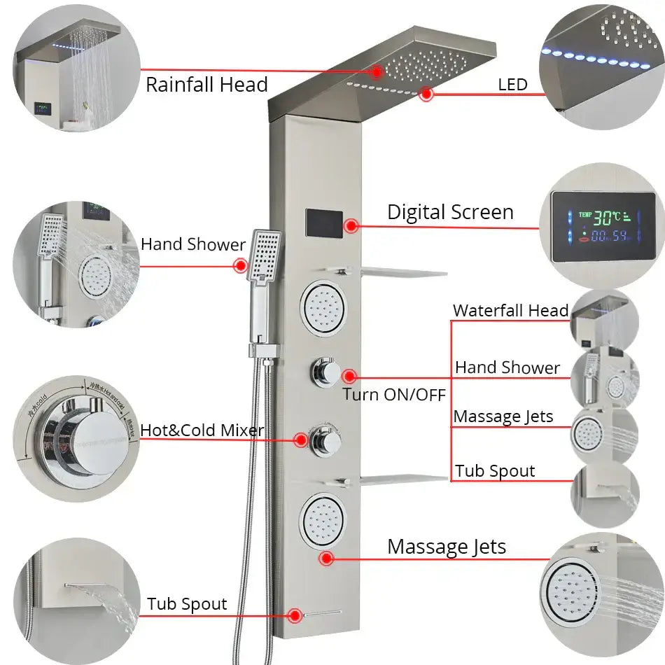 Modern brushed stainless steel decorbites led rainfall shower panel with temperature screen for enhanced shower experience