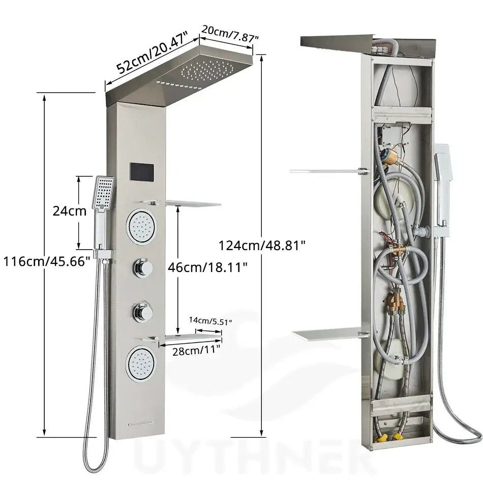 Modern stainless steel decorbites™ shower panel with led rainfall shower, temperature screen, and hand sprayer for enhanced shower experience
