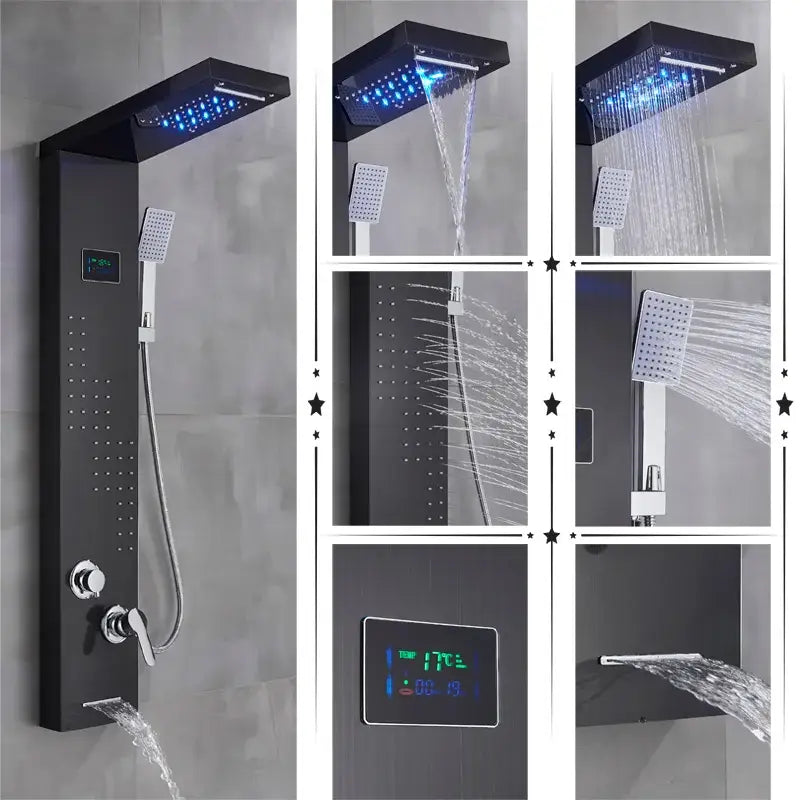 Black modern DecorBites LED rainfall shower panel with temperature screen hand sprayer and multiple spray settings