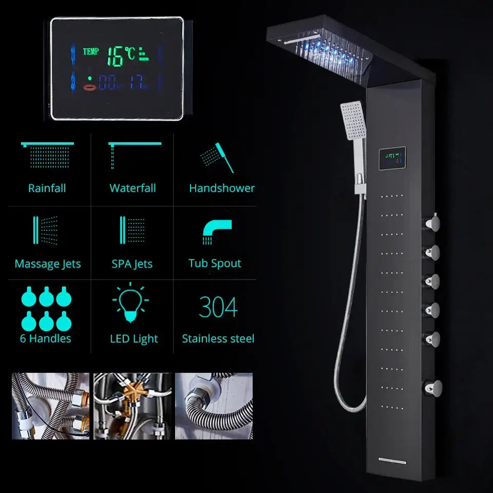 Modern black stainless steel shower panel decorbites led rainfall shower with large rain head handheld sprayer and temperature screen