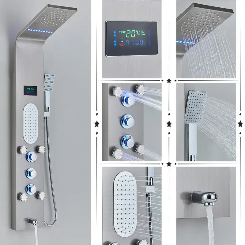 Modern stainless steel DecorBites™ LED rainfall shower panel system in black brushed finish with digital temperature display and multiple spray settings