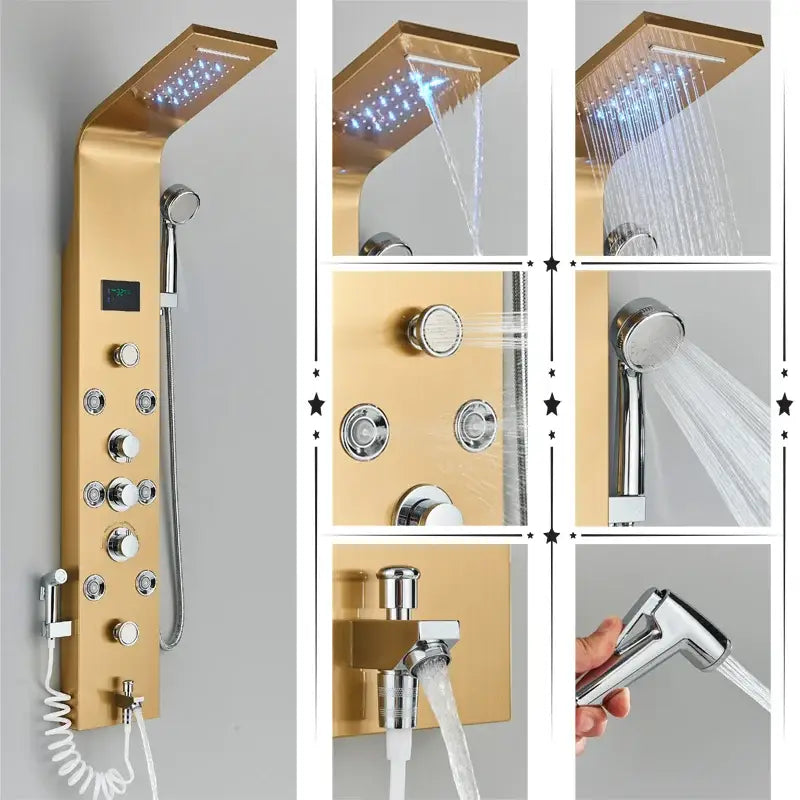 Gold-colored decorbites led rainfall shower panel system with multiple spray settings and digital display in brushed finish