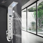 Modern chrome finished decorbites led rainfall shower panel system with multiple control knobs and digital display