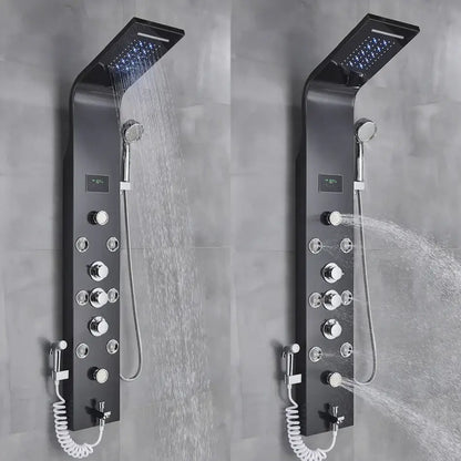 Black matte DecorBites led rainfall shower panel system with chrome knobs, digital display, and blue led rain showerhead