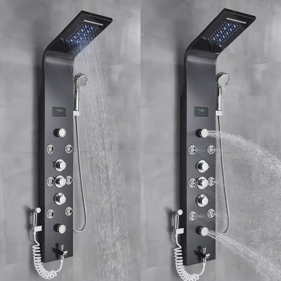 Black matte DecorBites led rainfall shower panel system with chrome knobs, digital display, and blue led rain showerhead