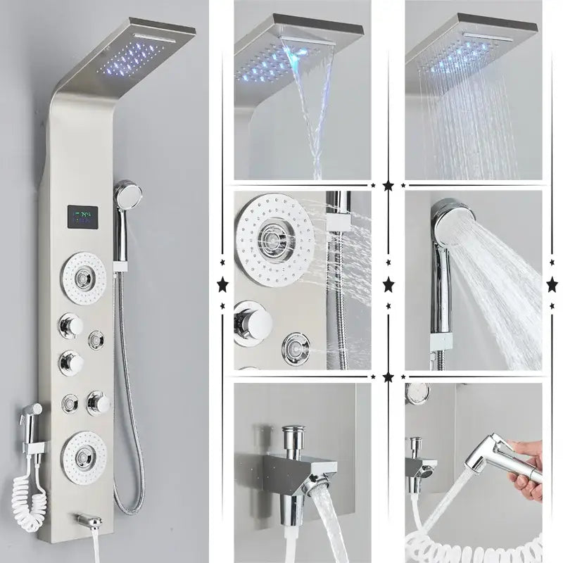 Modern stainless steel DecorBites LED rainfall shower panel system in black brushed finish with led rainfall and multiple sprays