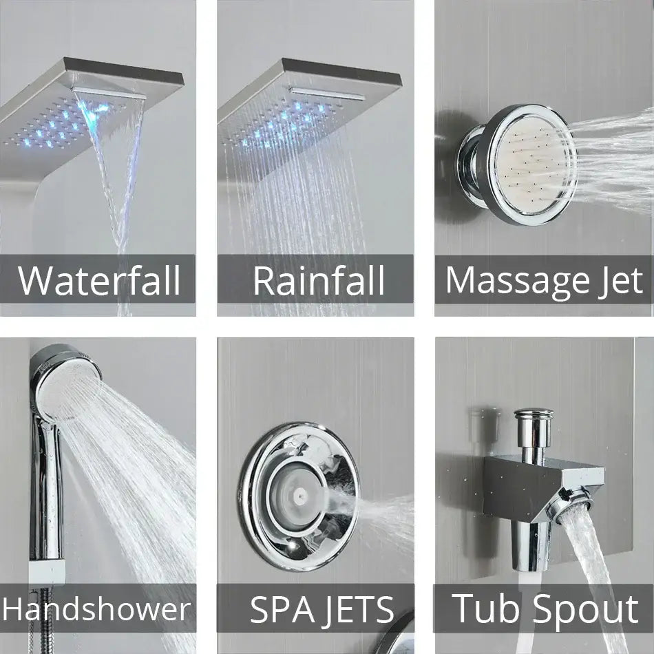 Chrome-finished shower panel collection featuring waterfall, rainfall, massage jet, handheld, spa jets, and tub spout designs for decorbites led rainfall shower
