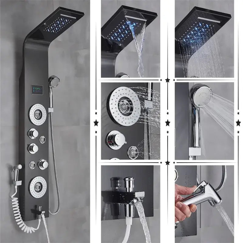 Black and chrome finish decorbites led rainfall shower panel system with multiple spray heads digital display and handheld nozzle