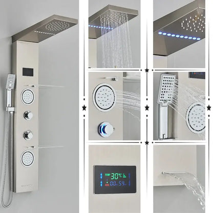 Modern stainless steel DecorBites led rainfall shower panel system black with rectangular rainhead handheld sprayer and digital display
