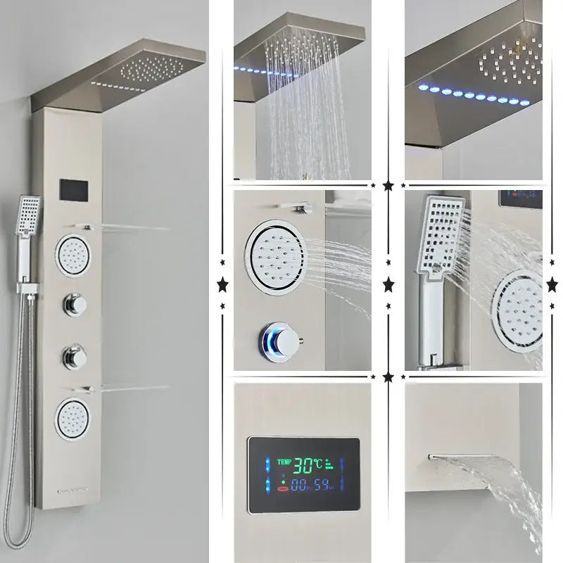 Modern stainless steel DecorBites led rainfall shower panel system black with rectangular rainhead handheld sprayer and digital display