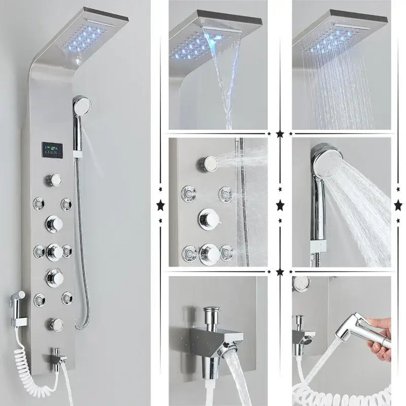 Modern chrome finished decorbites led rainfall shower panel system with large rectangular rainhead and integrated handheld sprayer