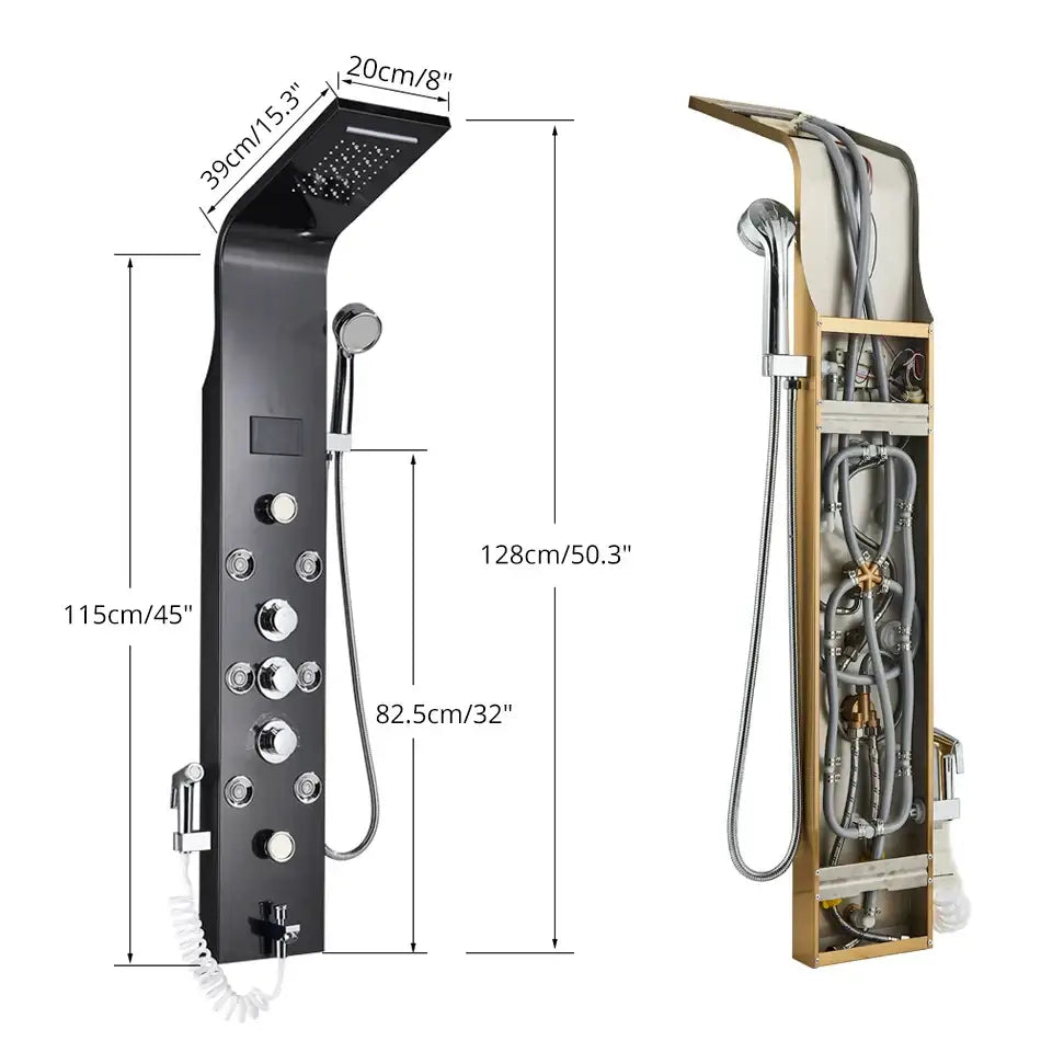 Black and gold decorbites led rainfall shower panel with multiple spray heads and handheld showerhead in brushed finish