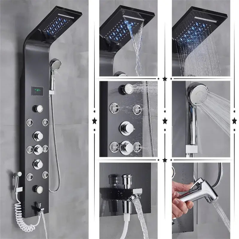 Black matte shower panel with large rectangular rainhead chrome controls and integrated handheld showerhead decorbites led rainfall shower