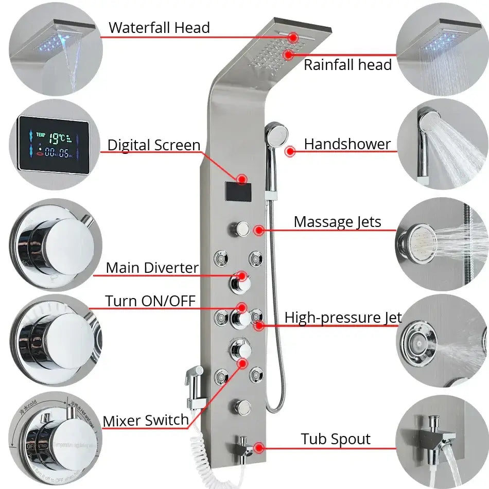 Modern chrome finished decorbites led rainfall shower panel system with multiple spray heads and digital temperature display