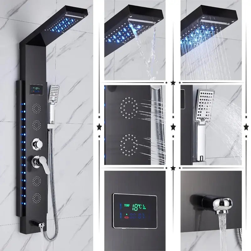 Black DecorBites LED rainfall shower panel system with brushed finish, LED lighting, and multiple spray settings