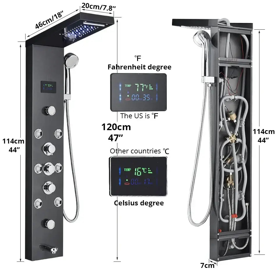 Black modern DecorBites LED rainfall shower panel with large rainhead, chrome controls, and digital temperature display