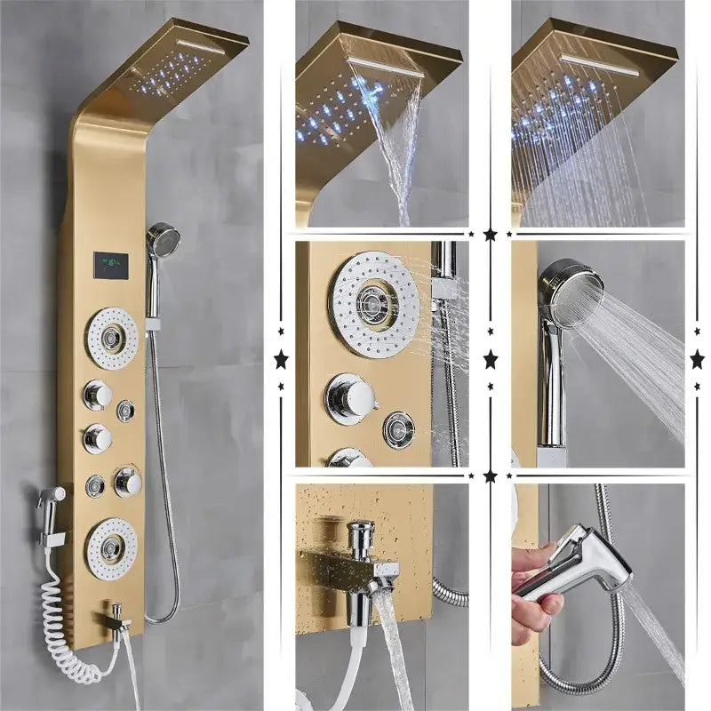 Gold-colored decorbites led rainfall shower panel system with multiple spray heads and temperature screen control knobs