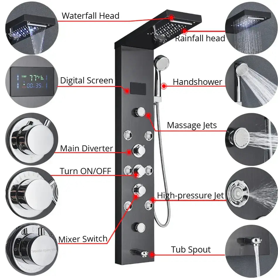 Black chrome decorbites led rainfall shower panel system with waterfall heads massage jets and digital temperature screen