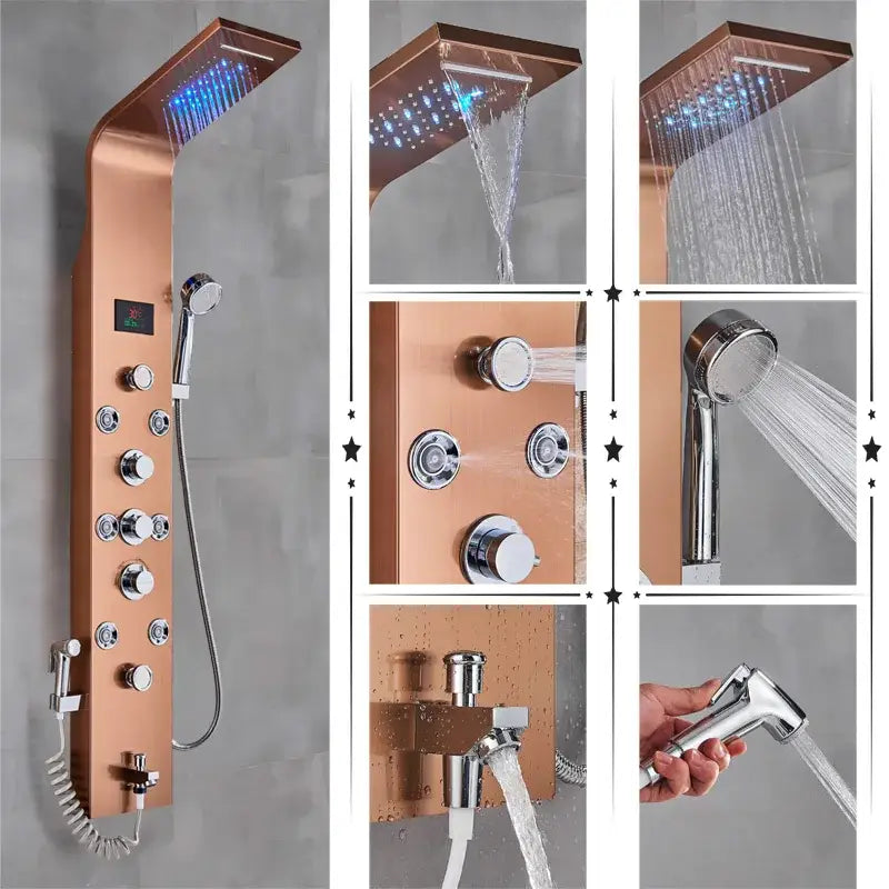 Copper-finished DecorBites LED rainfall shower panel system with integrated LED lighting and multiple spray settings
