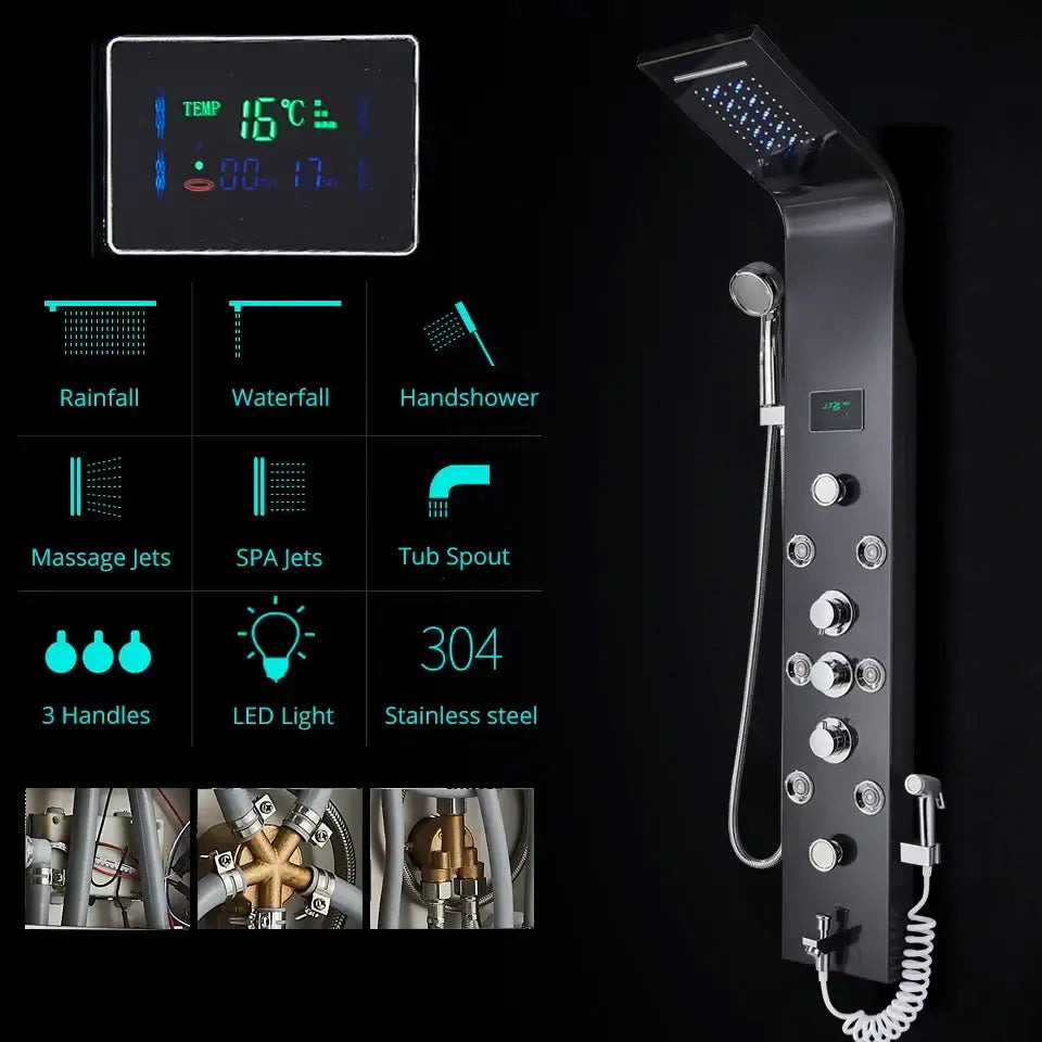 Black stainless steel DecorBites led rainfall shower panel system with temperature screen and multiple spray settings