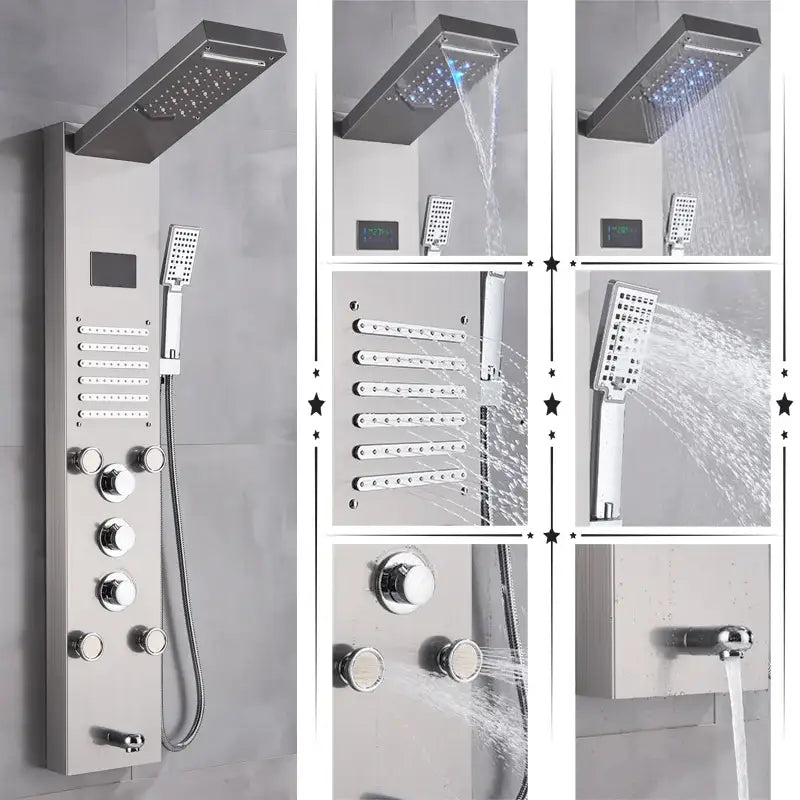 Modern brushed stainless steel DecorBites led rainfall shower panel with rectangular rainhead and handheld spray nozzle
