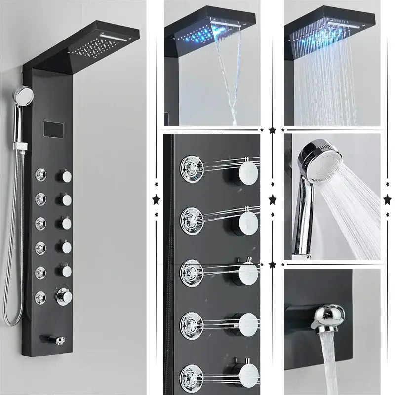 Black matte shower panel with chrome accents and multiple spray heads from decorbites led rainfall shower system