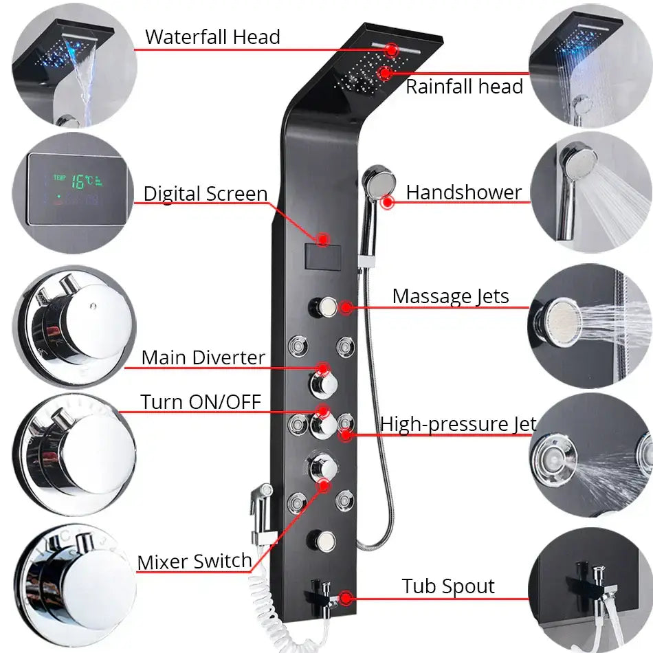 Black chrome decorbites led rainfall shower panel with digital temperature screen waterfall and massage jets