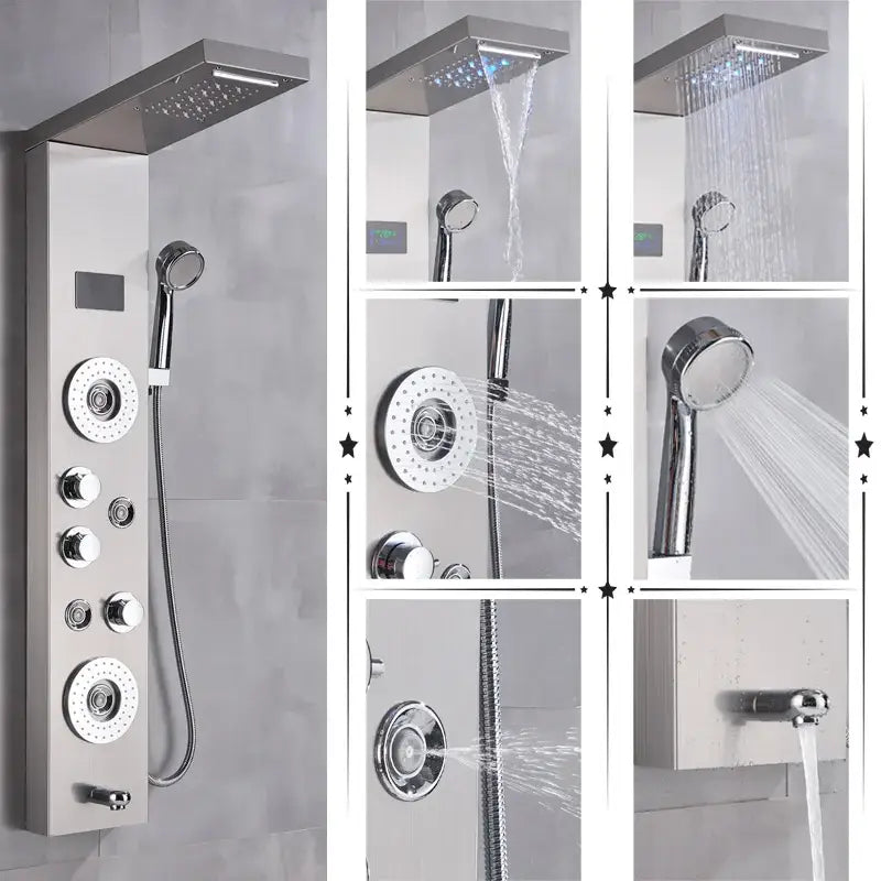 Modern chrome shower panel with rectangular rainfall showerhead, handheld spray, and multiple controls by decorbites led rainfall spa