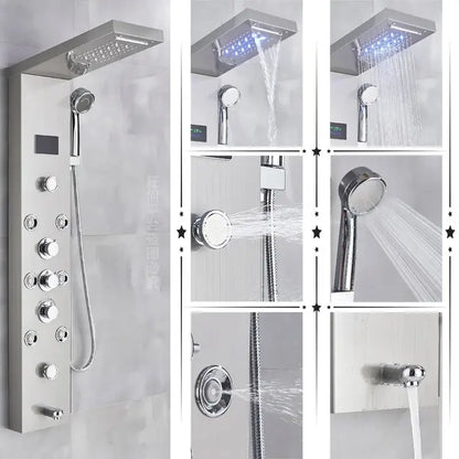 Modern chrome-finished decorbites led rainfall shower panel system with rectangular rainhead handheld sprayer and controls