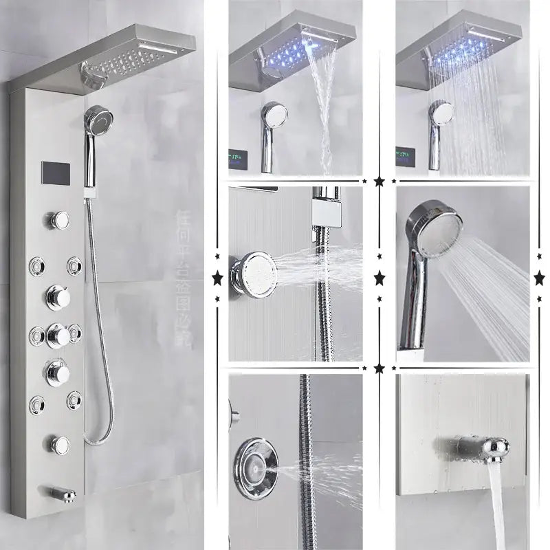 Modern chrome-finished decorbites led rainfall shower panel system with rectangular rainhead handheld sprayer and controls