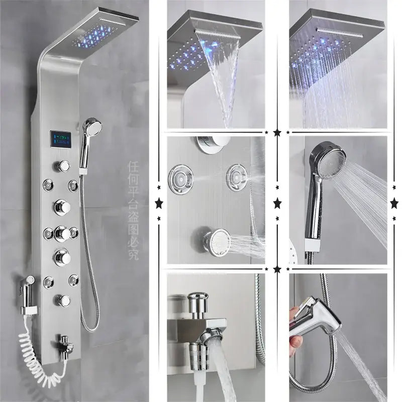 Modern chrome-finished decorbites led rainfall shower panel with integrated led lighting and multiple spray settings