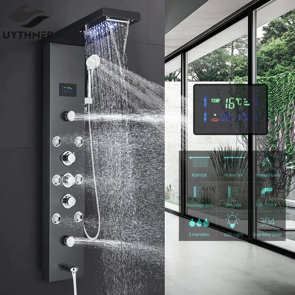Black stainless steel DecorBites™ LED rainfall shower panel system with multiple spray settings and digital temperature screen
