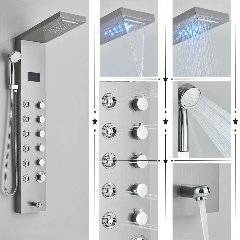 Modern chrome-finished decorbites led rainfall shower panel with temperature screen handheld showerhead and massage spa features