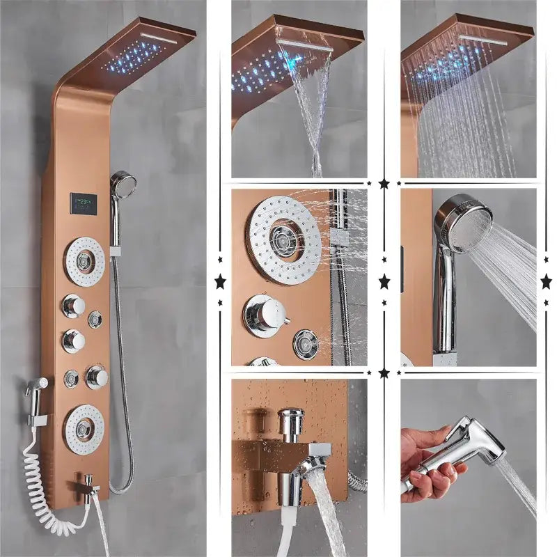 Rose gold finish DecorBites led rainfall shower panel with multiple spray heads and temperature control knobs
