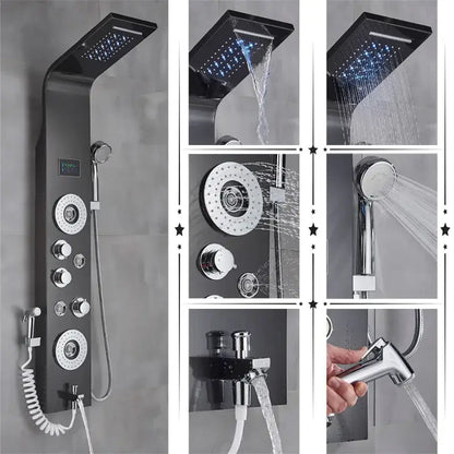 Black and chrome finish DecorBites™ LED rainfall shower panel with multiple spray heads, digital temperature screen, and handheld nozzle